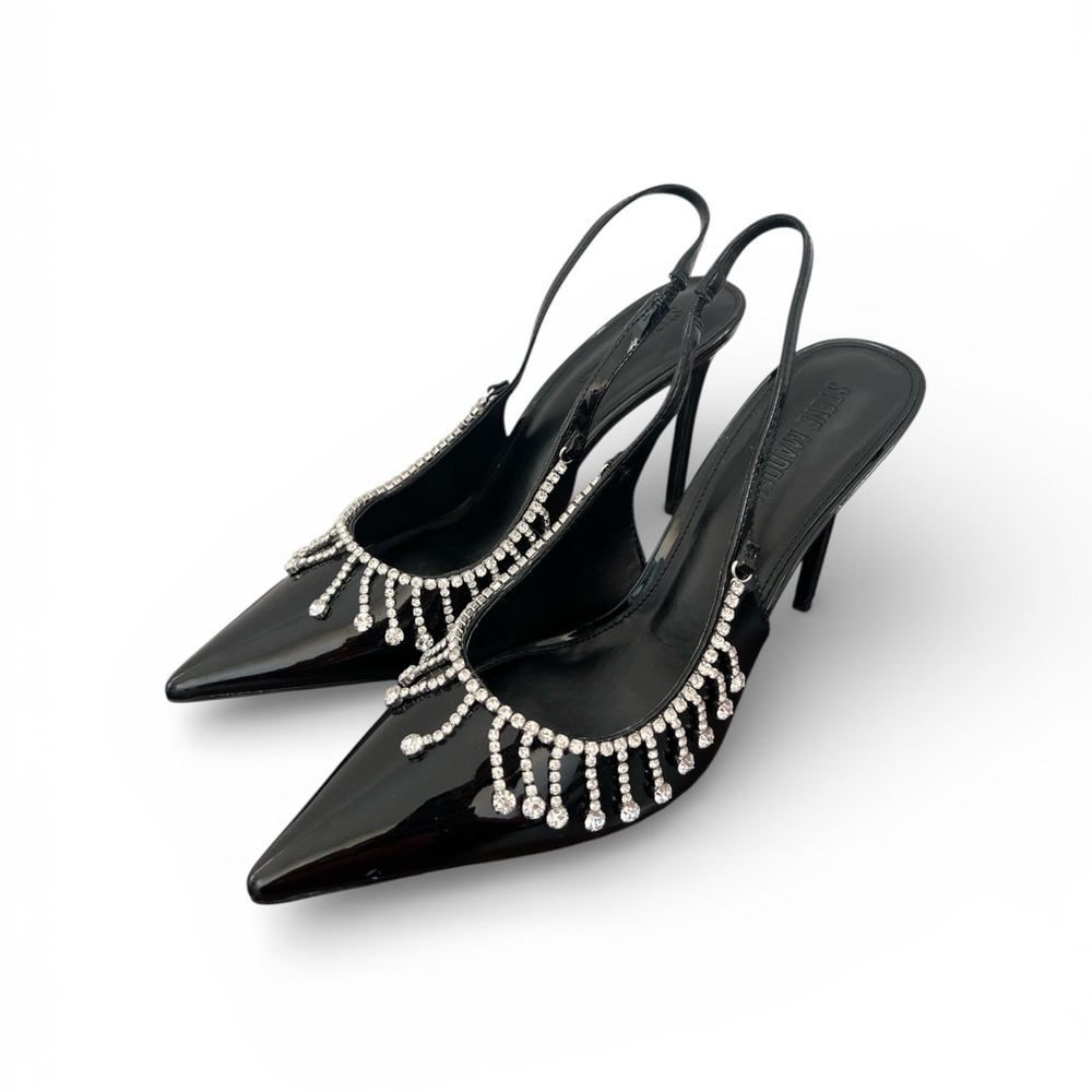 Steve Madden Black Patent Slingback Heels Rhinestone Fringe Pointed Toe Size 10 - Picture 2 of 6